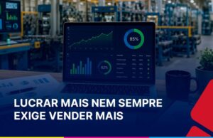 Ambiente de gestão industrial com indicadores de desempenho, produtividade e margem de lucro em destaque, ilustrando estratégias para aumentar a lucratividade sem elevar o faturamento da empresa.